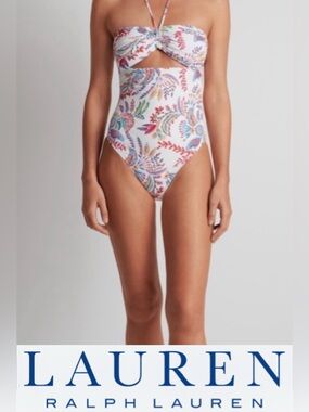 NWT Ralph Lauren Floral Multicolor Cut-Out Bandeau One Piece Swimsuit Sz 10